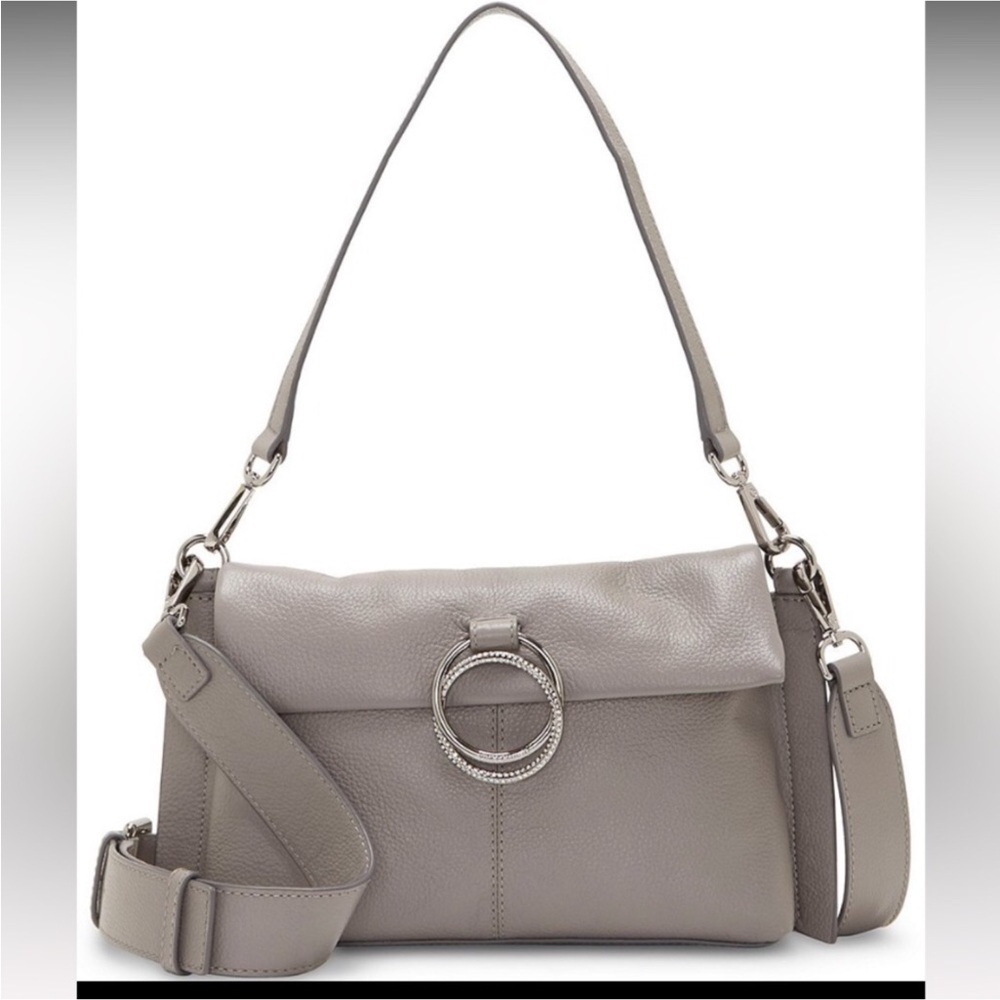 Vince Camuto Livy Small Gray Leather Shoulder Bag ,Clutch, crossbody Baguette